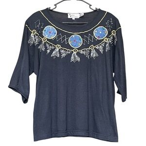 VTG Western Connection Embroidered Top Gray SZ M Beaded Retro Boho Hipster